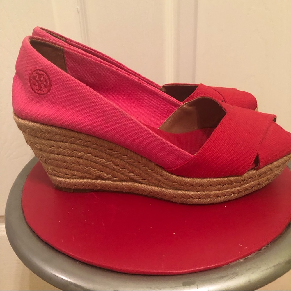 TORY BURCH pink and red canvas espadrille wedge summer  shoes, Size 8